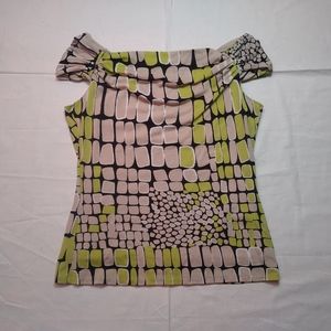 Worthington Blouse Women's Medium Green Tan Top Short Sleeve Round Neck Shirt